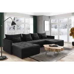Wohnlandschaft Leno U mit Schlaffunktion - U-Form Couch, Ecksofa mit Bettkasten, Couchgranitur mit Bettfunktion, Schlafsofa, Big Sofa - Velours Sto... - Schwarz