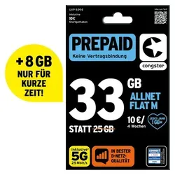 Congstar Prepaid Allnet M Karte mit 30GB Aktionsdaten - Genießen Sie unbegrenzte Telefonie und 30GB Datenvolumen im Congstar Prepaid Allnet Flat M Tarif. Flexibel, ohne Mindestlaufzeit und ideal für EU-Reisen – surfen Sie mit 5G-Geschwindigkeit!