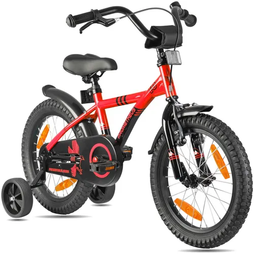 PROMETHEUS BICYCLES Kinderfahrrad 16 Zoll mit Stützrädern – Rot Schwarz - Sicheres Kinderfahrrad für Jungen und Mädchen ab 5 Jahren. Ausgestattet mit zwei Bremssystemen, einem leichten Rahmen und zahlreichen Sicherheitsfeatures – ideal für unbeschwerten Fahrspaß.