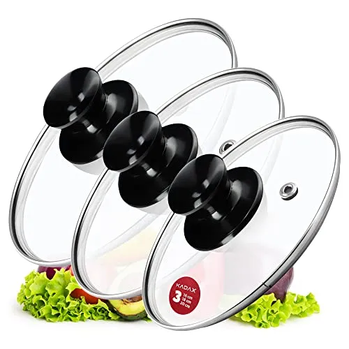 KADAX 3er Set Universal-Glasdeckel, Topfdeckel Ø16/18/20 cm mit glänzend schwarzem Griff, hitzebeständig, für Töpfe und Pfannen, Sichtkochen