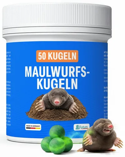 FUTUM Maulwurf-Kugeln 50 Stück – Effektive Abwehr für Ihren Garten - 50 anwendungsfertige Kugeln zur effektiven Abwehr von Maulwürfen im Garten. Schützen Sie Rasen und Beete ganzjährig mit geprüfter Qualität.