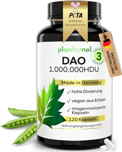 DAO Kapseln - Hochdosierte 1.000.000 HDU pro Tag - Verdauungsenzyme mit 120 veganen Kapseln, ideal für Veganer. Jede Kapsel enthält 333.333 HDU, ohne künstliche Zusatzstoffe und nach höchsten Qualitätsstandards in Deutschland hergestellt.