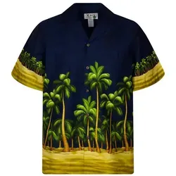 KY's Hawaiihemd Palmenwald Original Hawaiihemd mit 100% Kokosnuss-Knöpfen blau L