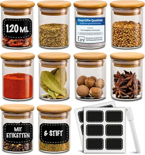 Praknu Gewürzgläser 120ml - 10er Set mit Etiketten - Gewürzgläser für optimale Küchenorganisation, luftdicht und spülmaschinenfest. Bewahre Gewürze, Kräuter und Tee aromadicht auf und beschrifte sie mit den beiliegenden Etiketten.