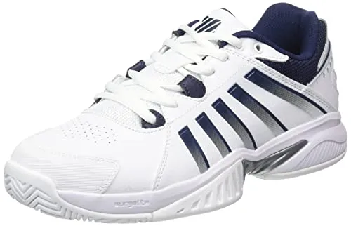 K-Swiss Herren Receiver V Tennisschuh - Weiß/Peacoat/Silber, 44.5 EU - Tennisschuhe mit unübertroffener Strapazierfähigkeit und maximaler Dämpfung für optimalen Komfort und Stabilität auf dem Platz.