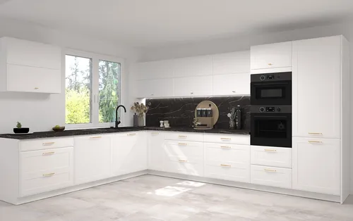 L-Form Küchenzeile SALO Einbauküche 268x387cm - Moderne Einbauküche mit REJS Vollauszug, 12 Schubladen und Soft-Close Funktion für komfortables Kochen und optimale Raumnutzung.