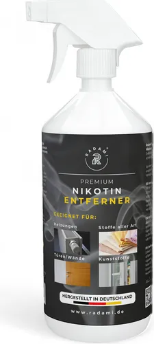 1L Nikotinentferner - Kraftvoller Nikotinreiniger gegen Gilb & Geruch - Allzweckreiniger zur effektiven Entfernung von Nikotin, Gerüchen und Verfärbungen auf vielen Oberflächen. Ideal für eine gründliche Reinigung von Heizkörpern, Türen und Stoffen.