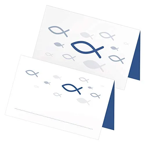 itenga 24 x Tischkarten Platzkarten Namensschild Fisch Kommunion Taufe Konfirmation Jungen Mädchen (weiß blau)