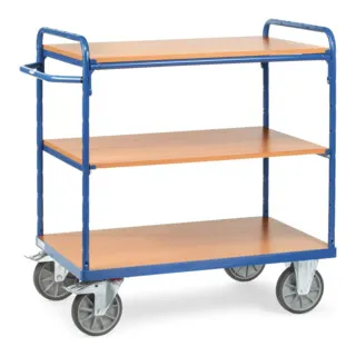 fetra Etagenwagen 8100 - Robuster Transportwagen mit 500kg Tragkraft - Etagenwagen mit 1 festem und 2 variablen Einlegeböden, ideal für flexible Lagerung und Transport. Aus stabilem Stahl mit TPE-Reifen für leisen und sicheren Einsatz.