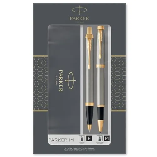 Parker IM Duo-Geschenkset mit Kugelschreiber & Tintenroller | Brushed Metal mit Goldzierteilen | Nachfüllen schwarz | Geschenkbox