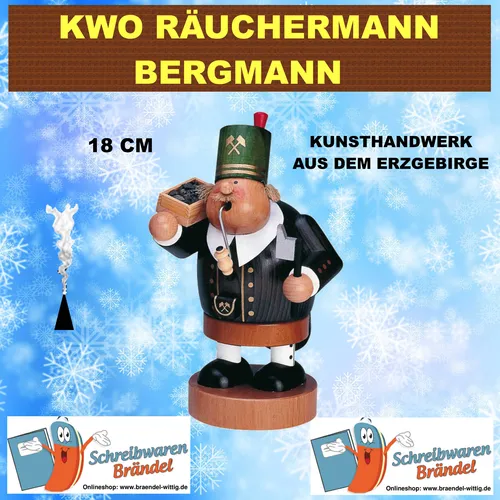KWO Räuchermann Bergmann 21505 - Nussknacker aus Holz, 18 cm hoch, handgefertigt in Deutschland. Ideal für die festliche Weihnachtsdekoration und ein traditionelles Geschenk für die Familie.