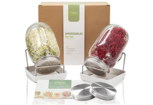 Hellosprout Anzuchttopf Sprossenglas Set 2 x 1000 ml - Mit dem praktischen Sprossenglas Set für die einfache Sprossenzucht zu Hause starten! Enthält 2 große Gläser (je 1000 ml) mit rostfreiem Edelstahlsieb, ideal für optimale Belüftung und Entwässerung. Perfekt für frische Sprossen!