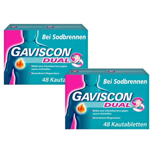 GAVISCON Dual Kautabletten gegen Sodbrennen 2X48 St - Fieberthermometer - GAVISCON Dual Kautabletten bieten schnelle Linderung bei Sodbrennen mit Zweifachwirkung, rezeptfrei erhältlich.