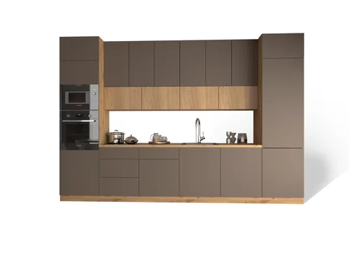 Küchenzeile Langen 360 cm in Beige und Eiche Artisan - Moderne Küchenzeile in Beige und Eiche Artisan. Mit 15 Teilen und praktischem Push-to-Open Mechanismus. Ideal für Ihre Traumküche ohne E-Geräte.
