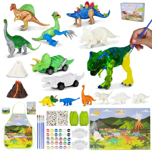BONNYCO Dinosaurier Spielzeug mit 16 Figuren zum Bemalen, Bastelset Kinder