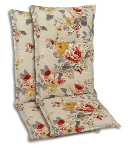GO-DE Hochlehner Polsterauflagen 2er-Set Blumen Beige - Hochwertige Polsterauflagen für Gartenstühle mit 72 cm Rückenlehne, aus UV-beständigem Stoff für lange Haltbarkeit und mit weicher Schaum-Vliesfüllung für optimalen Sitzkomfort.