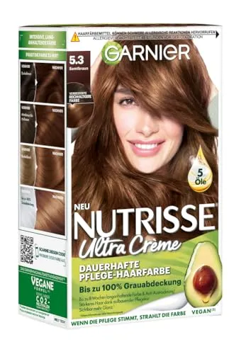 Garnier Nutrisse Ultra Crème Haarfarbe 53 Samtbraun - Färbemittel mit nährenden Fruchtölen für 100% Grauabdeckung und bis zu 8 Wochen Halt. Für seidig glänzendes Haar dank Anti-Austrocknungs-Formel.