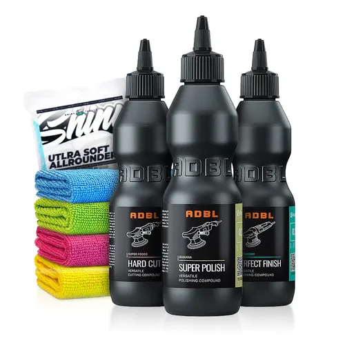 ADBL Auto Politur Set – Hard Cut, Super Polish & Perfect Finish - Autopflege Set mit 3 leistungsstarken Polituren und 4 hochwertigen Mikrofasertüchern für perfekten Glanz und langanhaltenden Lackschutz.