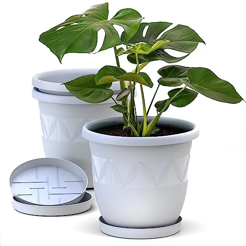 Plastard Blumentopf 3er Set 18 cm Durchmesser Weiß runder Pflanzkübel mit Untersetzer aus Kunststoff witterungsbeständiger Übertopf großer Pflanztopf Kräutertopf für Innen und Außen