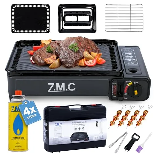 Z.M.C 2-in-1 Campingkocher und Gasgrill - Tragbar, inkl. Grillzubehör Set und 4 Gaskartuschen, ideal für Camping und Outdoor-Aktivitäten