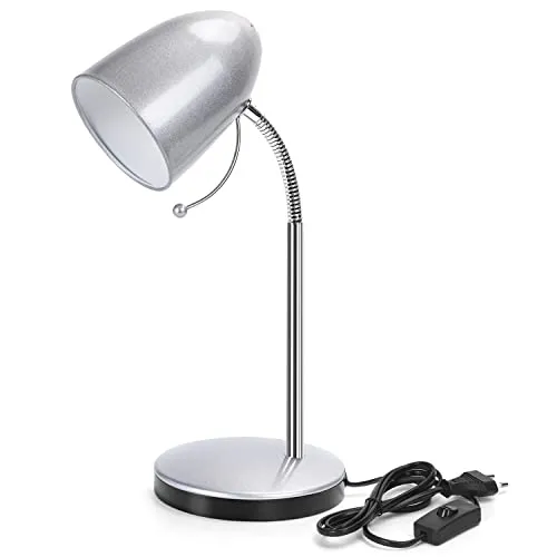 Aigostar Schreibtischlampe Retro E27, Metall Leselampe mit 153 cm Kabel mit Schalter, Ohne Glühbirne, Flexibler Metallarm, Silber