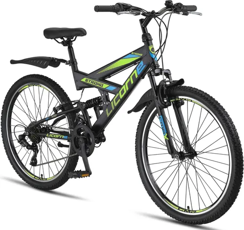 Licorne Bike Strong V Premium Mountainbike - 26 Zoll Mountainbike mit Vollfederung, ideal für den täglichen Einsatz in schwierigem Gelände. Robuste 21 Gang Kettenschaltung und griffige "V" Bremsen für optimale Kontrolle.