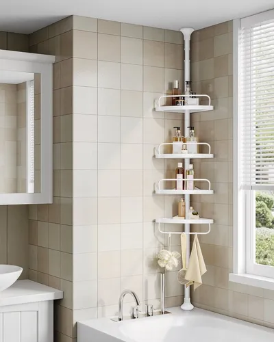 Duschregal höhenverstellbar, 85-305 cm - Badablagen mit 4 Tabletts, ideal für die Duschecke, kein Bohren notwendig und in modernem Weiß/Schwarz erhältlich.