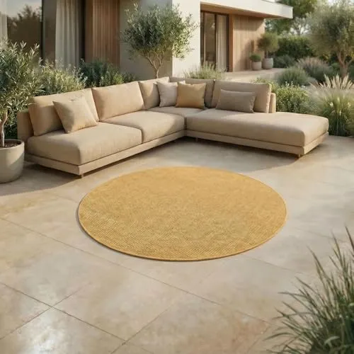 Jimri Outdoorteppich Key West, Rund, Gelb, 200 cm - Wetterfester, runder Outdoorteppich in leuchtendem Gelb, ideal für Balkon oder Terrasse. Pflegeleicht und mit OEKO-TEX® Standard 100 zertifiziert. Verleihen Sie Ihrem Außenbereich einen modernen Look!
