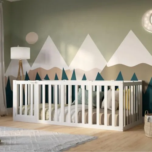 Crazy Pine Kinderbett 140x180 cm – Weiß - Montessori Bodenbett mit Rausfallschutz - Praktisches Montessori Bodenbett aus hochwertigem Kiefernholz mit abnehmbarer Barriere für sicheren Zugang. Ideal für selbstständige Kinder, robust und schadstofffrei, passt für Matratzen bis 20 cm Dicke.