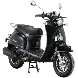 Motorroller ALPHA MOTORS "Venus" im Retro-Look, schwarz - Motorroller, kraftstoffeffizient mit 45 km/h Höchstgeschwindigkeit und umweltfreundlichem EURO 5 Motor. Ideal für die Stadt, wendig und stylisch im Retro-Design.