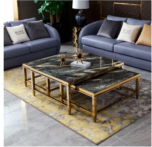 Doppel Couchtisch Set – Moderner Kaffeetisch für Ihr Wohnzimmer - Stilvolles Couchtisch-Set aus hochwertigem Edelstahl in elegantem Gold. Ideal für modernes Wohnen, kein Montageaufwand nötig. Maße: 100 x 70 x 41 cm.