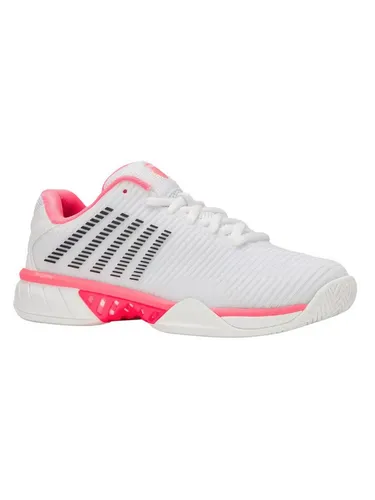 KSwiss Hypercourt Express 2 Tennisschuhe Damen - Tennisschuhe für alle Beläge mit AÖSTA 7.0 Außensohle für hohe Haltbarkeit und modernem Design in Weiß/Pink/Schwarz.