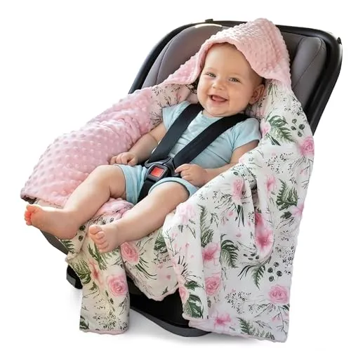 Medi Partners Einschlagdecke Baby Babyschale 100% Baumwolle für Sommer 85x85cm Kinderwagen Kuscheldecke universal Baby Decke Einschlagdecken Babydecke Buggy Autositz(Blument mit Hellrosa Minky)