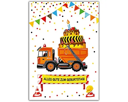 JUNAPACK Glückwunschkarte Geburtstagskarte Kinder Grusskarte für Geburtstag A4 Klappkarte XXL, Große A4 Geburtstagskarte Baustelle – Stabil, hochwertig, bunt