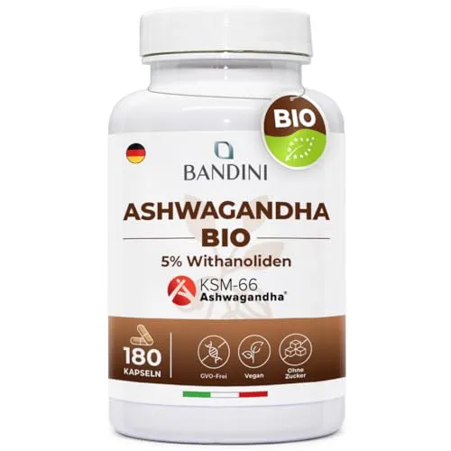 Bandini® Bio Ashwagandha KSM-66® - 180 Kapseln aus Withania Somnifera Pulver mit 5% Witanoliden - Hochdosiert mit 500mg je Kapsel – Hochwertige indische Schlafbeere - 6 Monate Vorrat - 100% Vegan