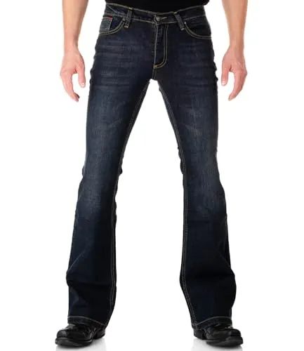 COMYCOM Bootcut Herren Jeans Roots 30/32 - Hochwertige Bootcut Jeans für Herren aus strapazierfähigem Denim mit Stretch-Anteil. Modischer Schnitt im 70er-Jahre-Stil, ideal für Alltag und besondere Anlässe.