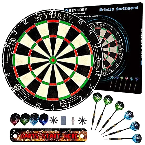 Seydrey Kork Dartscheibe Set mit 6 Dartpfeilen und Zubehör - Offizielle Steeldartscheibe mit 45 cm Durchmesser, drehbarem Zahlenring für längere Lebensdauer und 6 Stahl-Darts. Ideal für präzise Spiele und optimalen Spielspaß.