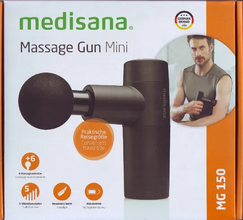 MEDISANA 88986 MG 150 - Mini Massage Gun für Tiefengewebsmassage, 5 Vibrationsstufen und 6 Aufsätze für optimale Muskelregeneration