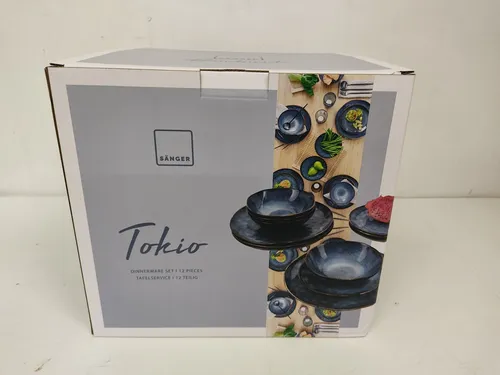 Sänger Teller Set Tokio 12 tlg - Steingut Geschirrset für 4 Personen, elegantes Design in Dunkelblau mit schwarzen Akzenten, handgefertigt und spülmaschinengeeignet
