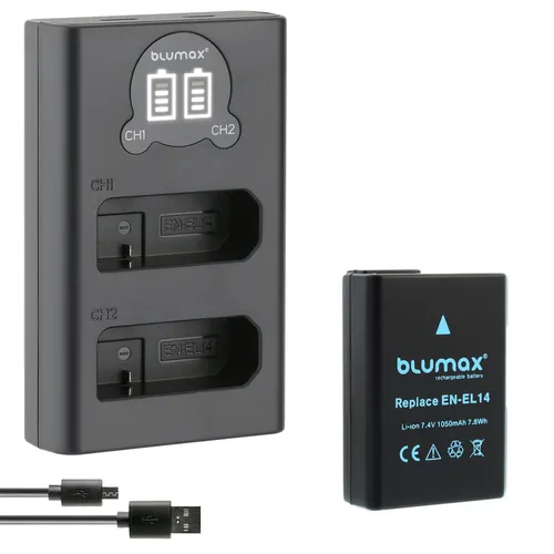 Akku + LCD Lader für Nikon EN-EL14 D3300  D5300 D5500 D5600  P7800 1050 mAh