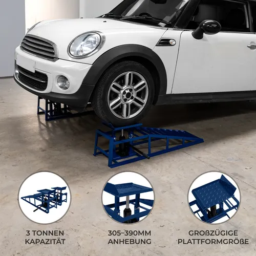 T-Mech Auffahrrampen, Blau, Metall, 34x30.5x114 cm - Werkstatteinrichtung mit hydraulischen Auto-Auffahrrampen, die eine Tragfähigkeit von 3 Tonnen bieten und sich ideal für Wartungsarbeiten in kleinen Garagen eignen.