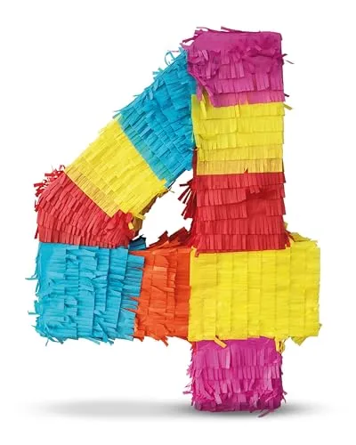 Party Factory – Pinata Geburtstagsdeko für Kinder zum Befüllen & aufhängen – Bunte Schlag-Piñata als Party Deko in 50x35x8 cm für Kindergeburtstag & Mottopartys – Partyspiel Pinjata mit der Zahl 4