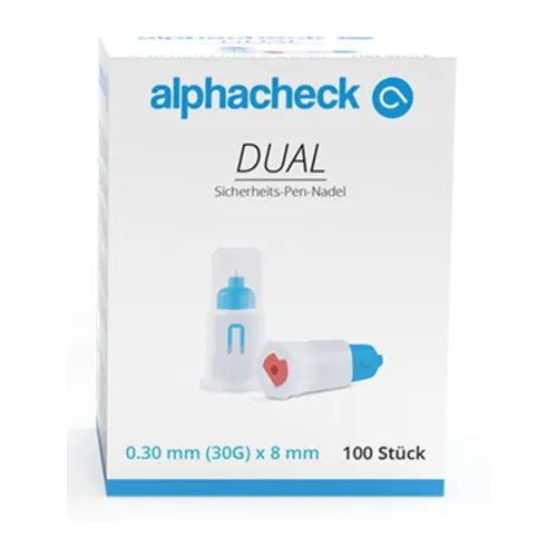 Alphacheck dual Sicherheits-Pen-Nadeln 30 Gx8 mm - 100 Stück - Arzneimittel, bieten doppelte Sicherheit durch spezielle Technik und sind ideal für diabetische Patienten.