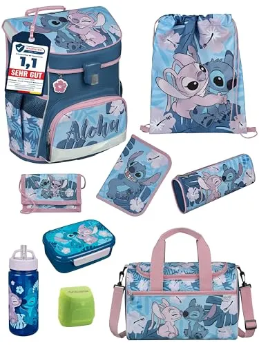Familando Mädchen Schulranzen 1. Klasse - Scooli Campus Fit mit Disney Stitch - Ergonomischer und leichter Schulranzen (980g) im 9-teiligen Set mit Sporttasche, ideal für die Einschulung. Mit durchdachten Details wie gepolstertem Rücken und Fidlock Magnet-Schloss.