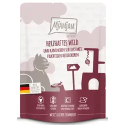 MjAMjAM Premium Nassfutter für Katzen - Quetschie Wild & Kaninchen 6er Pack - Hochwertiges, getreidefreies Katzenfutter mit 300g Portionen. Hoher Fleischanteil und wichtige Nährstoffe aus regionalen Zutaten für artgerechte Ernährung.