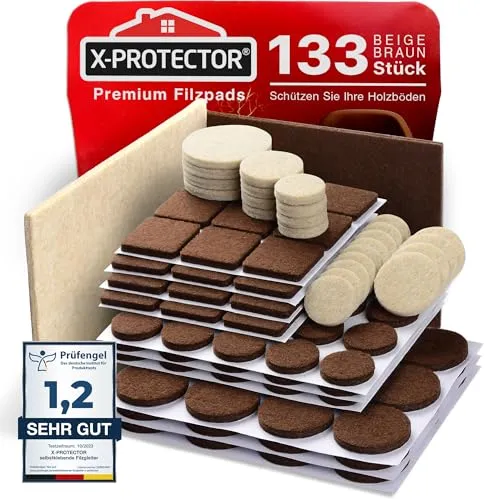 X-Protector Filzgleiter 133 Stück - Prämie Möbelgleiter Braun & Beige - Dicker Filz Selbstklebend - Bodenschoner für Stühle - Große Menge an Filzgleiter Selbstklebend - Schützen Sie Ihre Holzfußböden