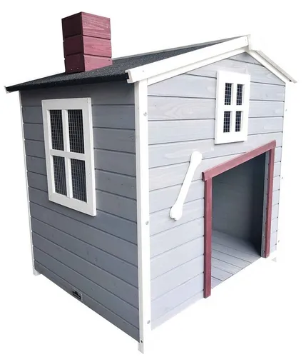 Dehner Lieblinge Hundehütte Hector, Grau/Dunkelrot/Weiß - Hundehütte aus wetterfestem Tannenholz, idealer Rückzugsort für Ihren Hund mit charmantem Design und einfacher Montage.