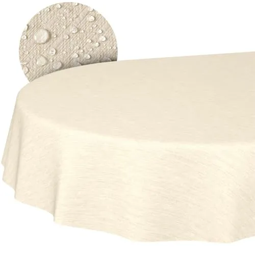 Tischdecke abwaschbar Wachstuch Wachstuchtischdecke Gartentischdecke Leinen-Optik Pflegeleicht Wasserabweisend 160 x 140cm (Oval) Creme Schnittkante