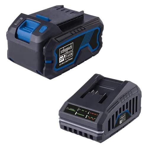 Scheppach System Starter-Kit SBSK4.0 - 20V-IXES - Elektrowerkzeug-Akkus mit 4,0Ah Lithium-Ionen Akku und Ladegerät, ideal für eine effiziente und kabellose Nutzung Ihrer Werkzeuge.