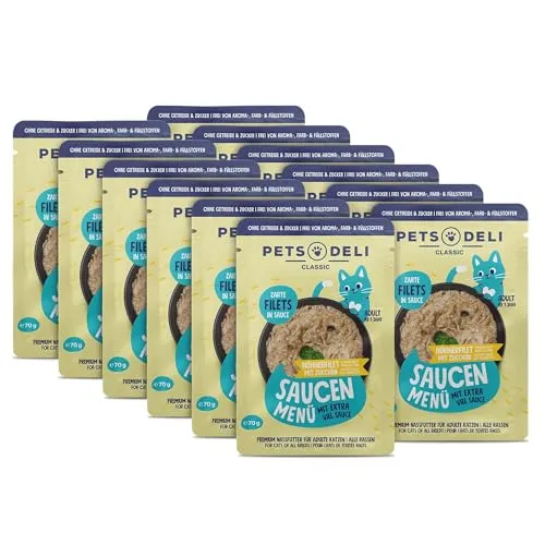 Pets Deli Saucen Menü Katzen Nassfutter Huhn & Zucchini, ideal für wählerische Katzen, für extra Flüssigkeitszufuhr, getreidefrei, ohne Zucker, 12x70g, Premium Qualität